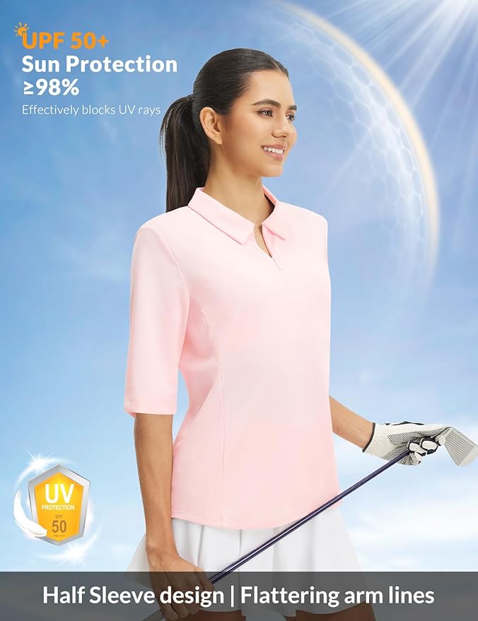 baleaf Women's Golf Shirts Half Sleeve Elbow Length Sleeves Polo Tops Workout Athletic Collared Quarter Zip V Neck UPF