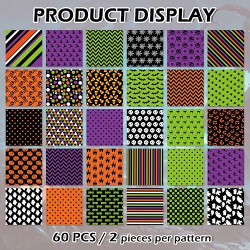 JarThenaAMCS 60Pcs Halloween Fabric Squares Pumpkin Black Cat Ghost Witch Cotton Fabric Bundles Small Green Purple Black Orange Sewing Fabrics for DIY Sewing Craft Decor