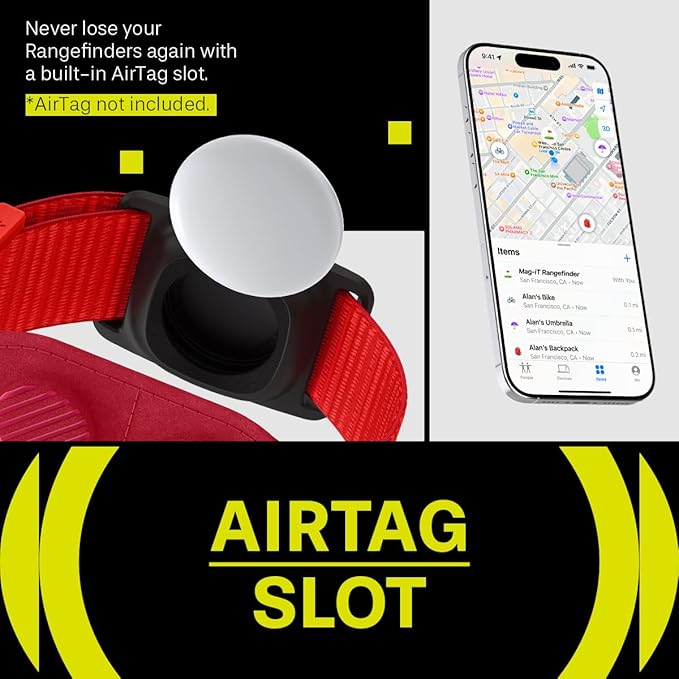MAG-iT Magnetic Golf Range Finder Strap Designed for AirTag (1st & 2nd Gen) – GPS Tracker Holder Compatible with Find My App – Magnetic Mount for Golf Cart – Neon Red