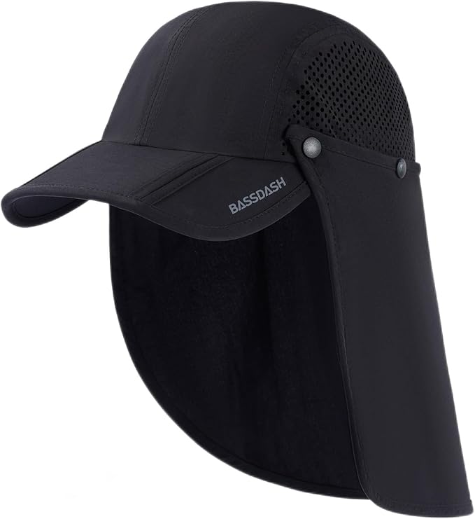 BASSDASH UPF 50+ Foldable Fishing Hat Baseball Cap with Removable Neck Flap Portable for Men Women Golf Hiking