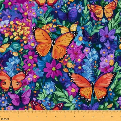 Butterfly Upholstery Fabric for Chairs Colorful Butterflies Outdoor Fabric by The Yard 181"x63", Aesthetic Flowers Rustic Dreamy Bugs Country Animal DIY Craft Hobby Polyester Fabric