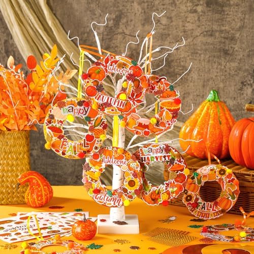 Hollowfly 48 Sets Fall Wreath Craft Kits, DIY Paper Crafts with Stickers