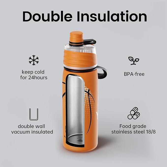 Basketball Water Bottle - 20oz Insulated Misting Water Bottles Stainless Steel 3D Textured - Basketball Accessories Gift for Kids