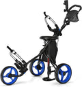 Tangkula Foldable Golf Push Cart, Navy Blue, Sturdy Steel Frame, Adjustable Handle, Ball Bearing Wheels, Foot Brake, Waterproof Storage Bag