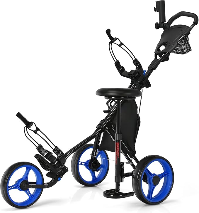 Tangkula Foldable Golf Push Cart, Navy Blue, Sturdy Steel Frame, Adjustable Handle, Ball Bearing Wheels, Foot Brake, Waterproof Storage Bag