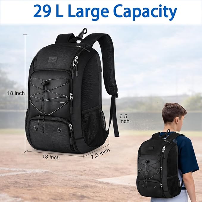 MATEIN Baseball Backpack, Softball Bat Bag with Shoes Compartment for Youth, Boys and Adult, Lightweight Baseball Bag with Fence Hook Hold TBall Bat, Batting Mitten, Helmet, Caps, Teeball Gear