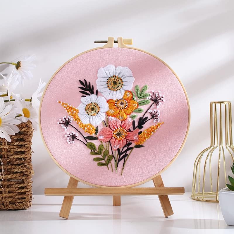 Qupace 3 Pcs Flowers Plants Embroidery Kits for Beginners Adults,Cross Stitch Sewing Craft Set, 3 Embroidery Hoops,3 Finished Stands, Floral Needlework Kit