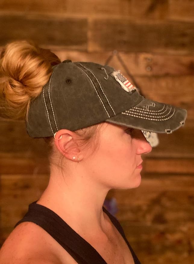 Distressed Ponytail Hat for Women American-Flag Pony Tail Caps High Bun