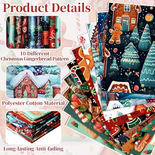 Hahafelt 10 Pcs Christmas Gingerbread Quilting Fabric Bundles 20 x 20 Inch