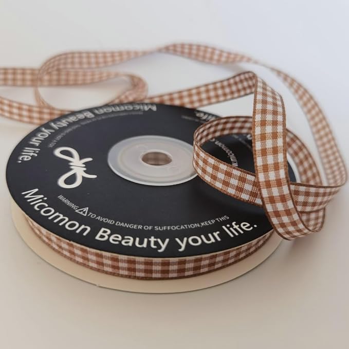 Micomon Khaki and White Woven Edge Plaid Ribbon 100% Polyester Gingham Ribbon - Image 7