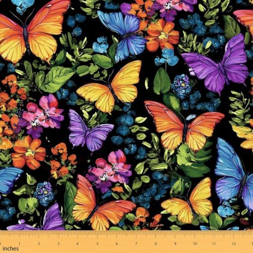 Butterfly Upholstery Fabric for Chairs Rainbow Butterflies Fabric by The Yard 72"x63", Aesthetic Flowers Rustic Dreamy Bugs Country Animal Outdoor Fabric