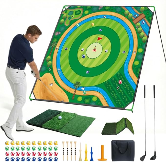 70x70 Inch Golf Chipping Net Battle Golf Extra Large Backyard Practice Net with 40 Training Balls, 3-Turf Hitting Mat, 2 Practice Clubs – Indoor Outdoor Use, Gift for Golf Lovers
