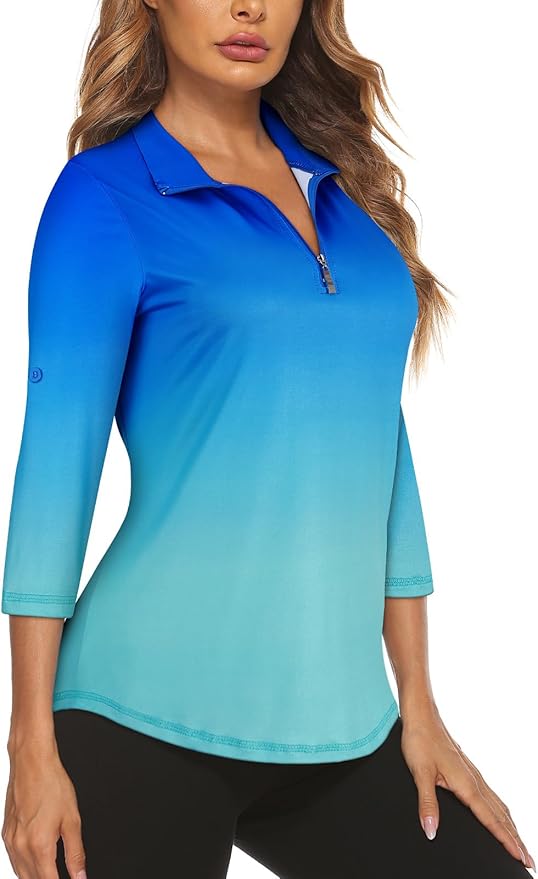 Koscacy Women's 3/4 Roll Sleeve Golf Tennis Polo Shirts UPF50+ Half Zip Dry Fit Workout Tops Athletic Shirt