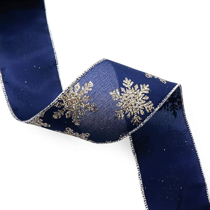 CT CRAFT LLC Navy Satin Gold Snowflake Wired Ribbon 2.5 Inch x 10 Yards - Image 4
