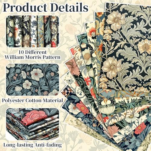 Hahafelt 10 Pcs William Morris Quilting Fabric Bundles 20 x 20 Inch