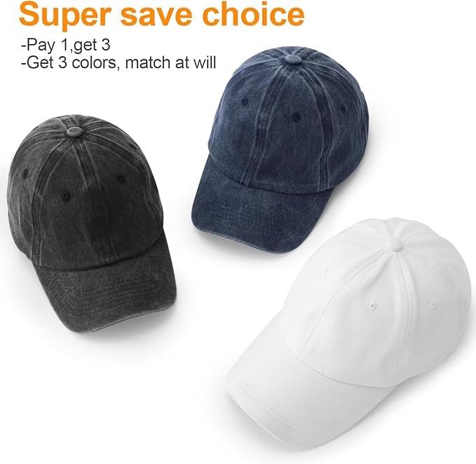 MEINICY 3 Packs Washed-Cotton Plain Baseball Cap, Vintage Adjustable Dad Hats Gift for Men/Women,Unstructured