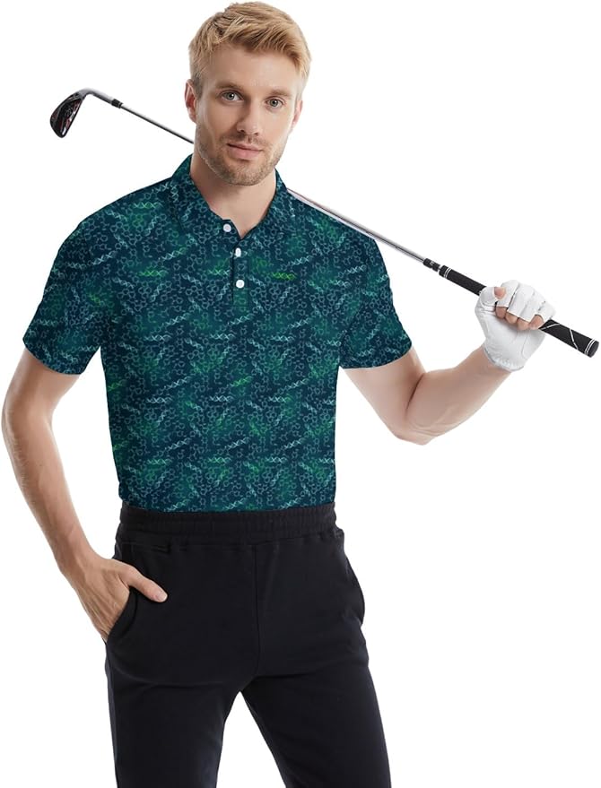 HUURAY Funny Golf Polos for Men Funny Print Short Sleeve Shirts Quick Dry Polo Shirts Hawaiian Shirt Performance Golf Outfits