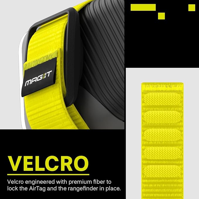 MAG-iT Magnetic Golf Range Finder Strap Designed for AirTag (1st & 2nd Gen) – GPS Tracker Holder Compatible with Find My App – Magnetic Mount for Golf Cart – Neon Yellow