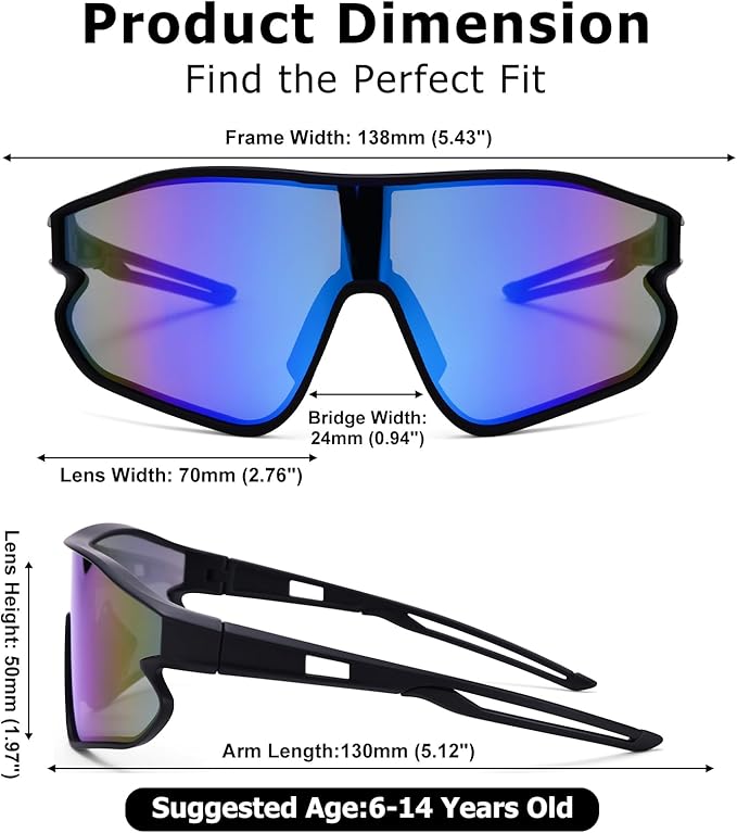 Kids Baseball Sunglasses - Youth Baseball Sunglasses for Boys Girls - Sports Softball Shades Age 6-14