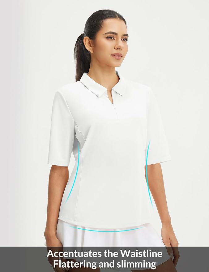 baleaf Women's Golf Shirts Half Sleeve Elbow Length Sleeves Polo Tops Workout Athletic Collared Quarter Zip V Neck UPF