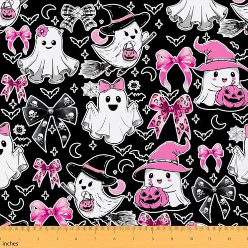 Bow Ghost Halloween Decor Upholstery Fabric for Chairs | Halloween Bats Outdoor Fabric by The Yard 362"x63", Gothic Moon Pumpkin Lantern Goth Witch Hat Skeleton Spider Web Landscape Fabric,Black