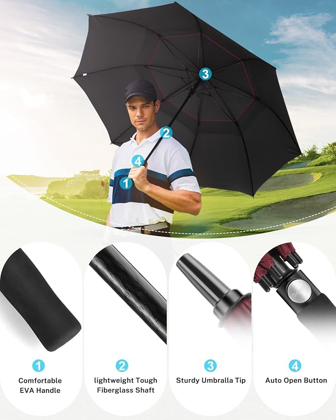 Gonex 54/62/68/72/80 Inch Extra Large Golf Umbrella, Automatic Open Travel Rain Umbrella with Windproof Water Resistant Double Canopy, Oversize Vented Umbrellas for 2-3 Men and UV Protection, Multiple Colors