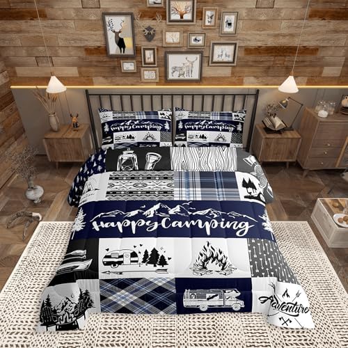 Camping Adventure Comforter Set Queen Size,RV Camper Accessories for Travel Trailers Bedding Set for Women Adult,Rustic Blue Plaid Boho Aztec Exotic Luxury Bed Duvet Insert, 2 Pillowcases