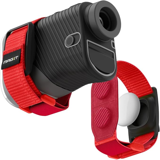 MAG-iT Magnetic Golf Range Finder Strap Designed for AirTag (1st & 2nd Gen) – GPS Tracker Holder Compatible with Find My App – Magnetic Mount for Golf Cart – Neon Red