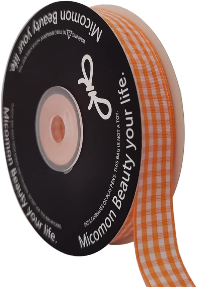 Orange Gingham Plaid Checked Ribbon 25 Yards Each Roll 100% Polyester by Micomon