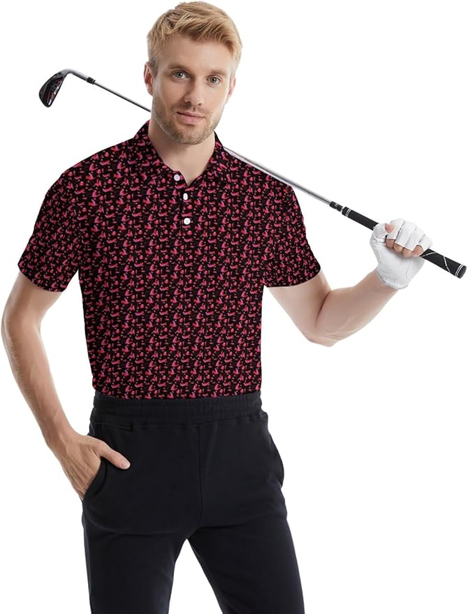 HUURAY Funny Golf Polos for Men Funny Print Short Sleeve Shirts Quick Dry Polo Shirts Hawaiian Shirt Performance Golf Outfits
