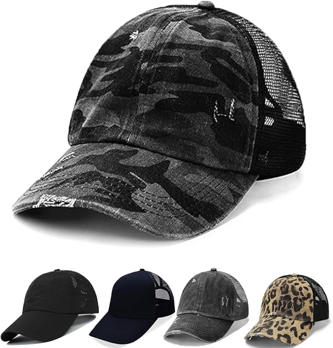 Criss Cross Hat Washed Distressed Baseball Cap Ponytail Hat High Messy Bun Ponycap for Women