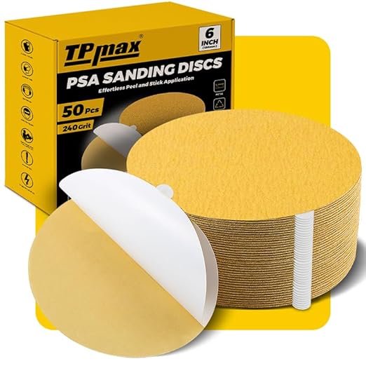 6-Inch 240-Grit Gold PSA Sanding Discs, 50 Pack – Pro-Grade Self-Adhesive by TPmax
