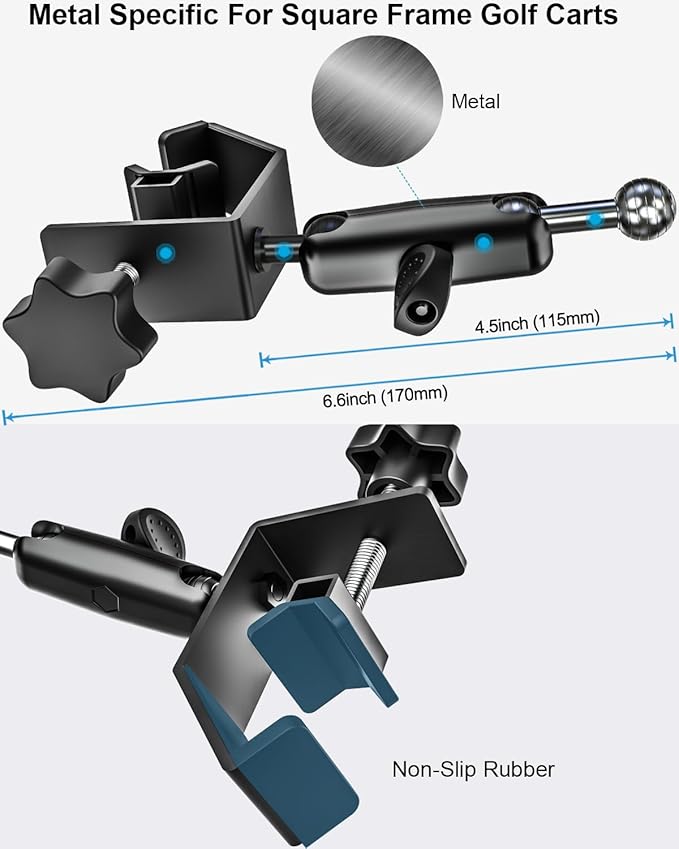 woleyi Golf Cart Phone Holder Clip- [Wider Clamp & Metal Arm] 360° Adjustable Phone Mount for EZGO/Club Car/Yamaha, Compatible with iPhone Air 17 Pro Max 16 15 14 13 12 Plus, S25, 4.7 to 7" Smartphone