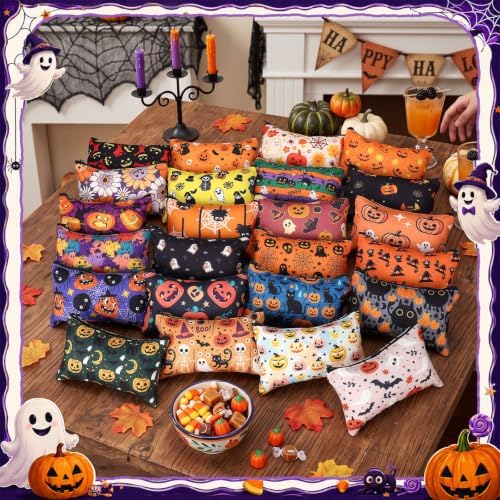 Meanplan 24 Pcs Halloween Makeup Bags Bulk Canvas Cosmetic Bags with Zipper