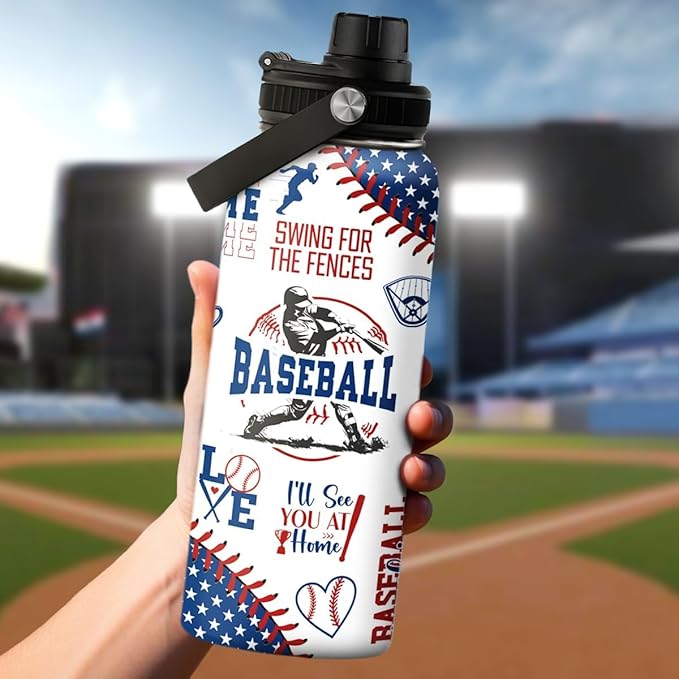 Baseball Water Bottle - 32oz Stainless Steel Insulated Sport Bottles with Lid - Men Baseball Lover Player Fan Coach