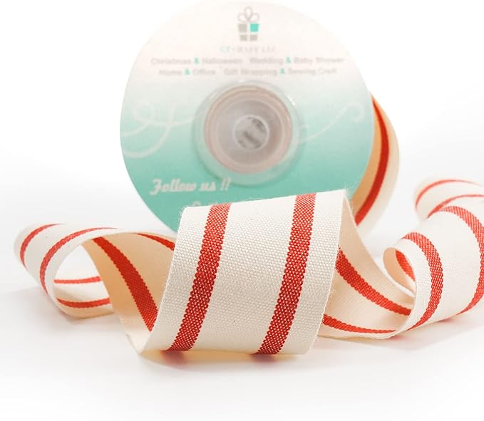 CT CRAFT LLC Ivory Cotton Red Stripes Ribbon 1.5" x 10 Yards - Image 3