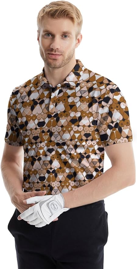 HUURAY Funny Golf Polos for Men Funny Print Short Sleeve Shirts Quick Dry Polo Shirts Hawaiian Shirt Performance Golf Outfits