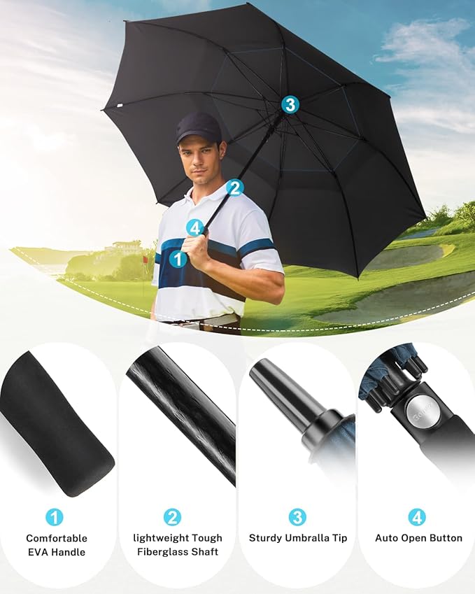 Gonex 54/62/68/72/80 Inch Extra Large Golf Umbrella, Automatic Open Travel Rain Umbrella with Windproof Water Resistant Double Canopy, Oversize Vented Umbrellas for 2-3 Men and UV Protection, Multiple Colors