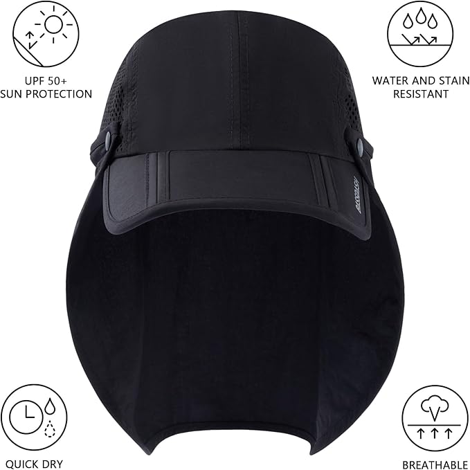 BASSDASH UPF 50+ Foldable Fishing Hat Baseball Cap with Removable Neck Flap Portable for Men Women Golf Hiking