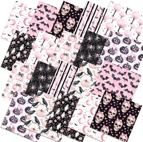 Hahafelt 10 Pcs Pink Halloween Quilting Fabric Bundles 20 x 20 Inch