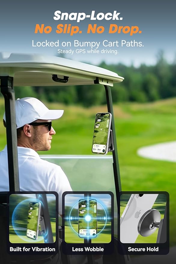 Magnetic Golf Cart Phone Holder for MagSafe, Snap-Lock Zinc Alloy Rustproof Magnetic Mount w/Built-in Gear Hook, 20-Magnet Block Array, Fits iPhone 12–17 (Ring Included) (Dark Gray)
