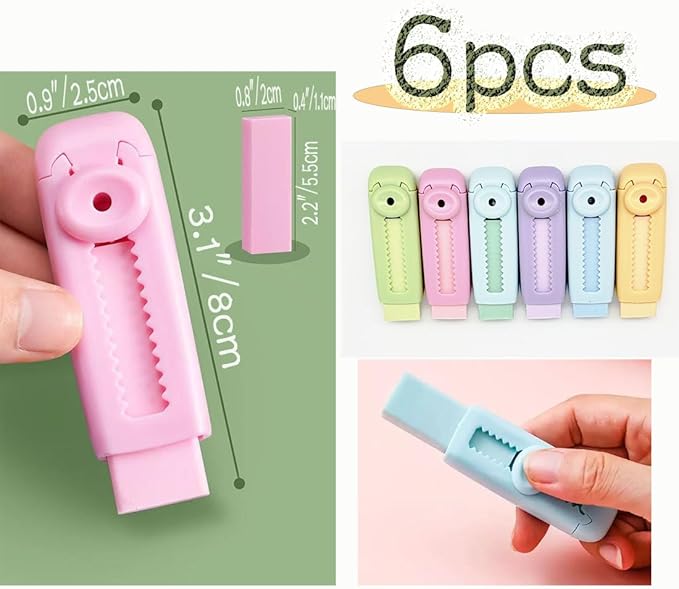 6Pcs Pastel Pencil Rubber Erasers Sliding Retractable Eraser Rectangular Push - Image 2