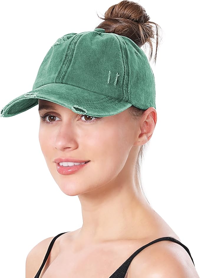 Criss Cross Ponytail Hat Women Washed Distressed Baseball Caps Adjustable High Messy Bun Ponycap