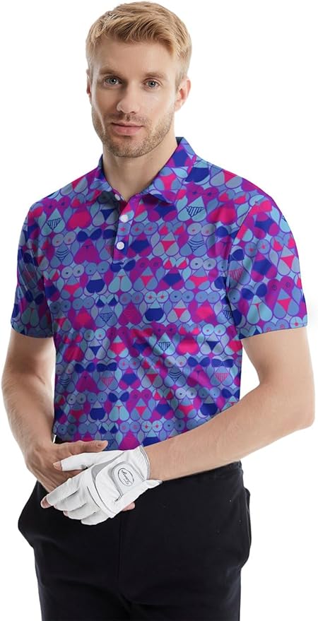HUURAY Funny Golf Polos for Men Funny Print Short Sleeve Shirts Quick Dry Polo Shirts Hawaiian Shirt Performance Golf Outfits