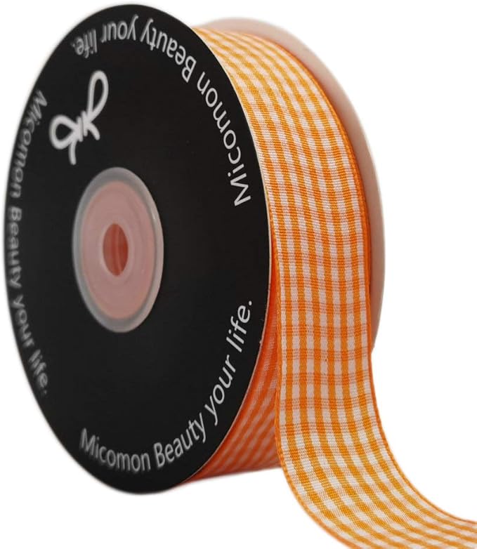 Micomon Orange Gingham Plaid Checked Ribbon 25 Yard Each Roll 100% Polyester by Micomon