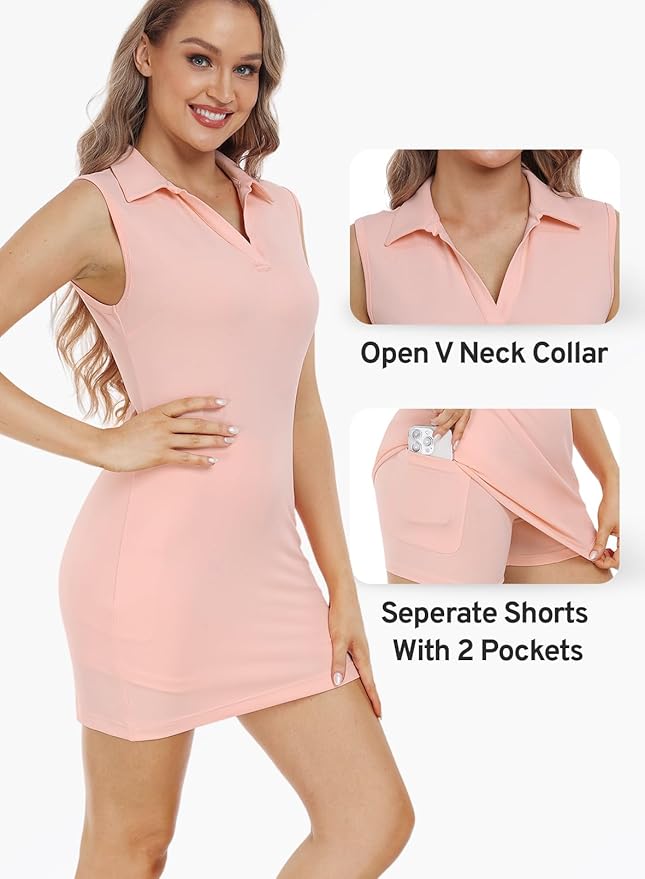 Hiverlay Golf Dresses for Women with Shorts and Pockets, V-Neck Short Sleeve Tennis Dress, Workout Athletic Dresses