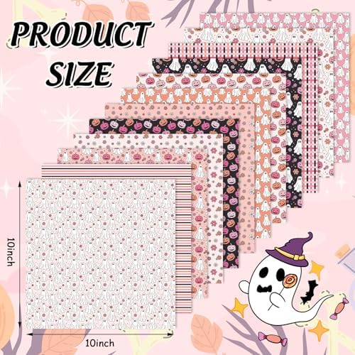 JarThenaAMCS 12Pcs Halloween Cotton Fabric Bundles Pumpkin Ghost Flower Fabric Squares 10 x 10 Inch Small Pink Black Sewing Fabrics for Halloween DIY Craft Party Decor