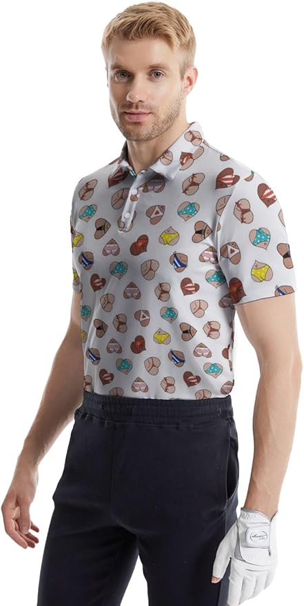 HUURAY Funny Golf Polos for Men Funny Print Short Sleeve Shirts Quick Dry Polo Shirts Hawaiian Shirt Performance Golf Outfits