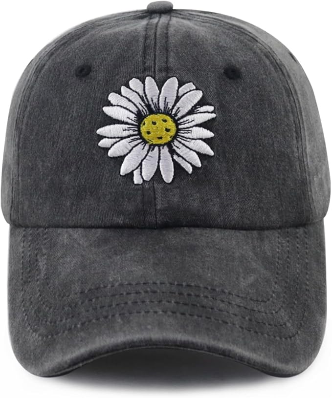 Pickleball Hat for Women, Adjustable Cotton Embroidered Daisy Pickle Ball Baseball Cap
