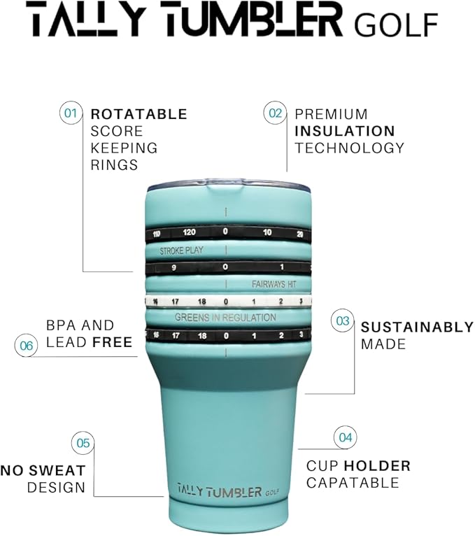 Tally Tumbler Golf Stainless Steel Cup, 30 oz Leak Proof Lid, Double Wall Insulation, Golf Tumbler with Score Keeping Counter (Tee Time Teal)